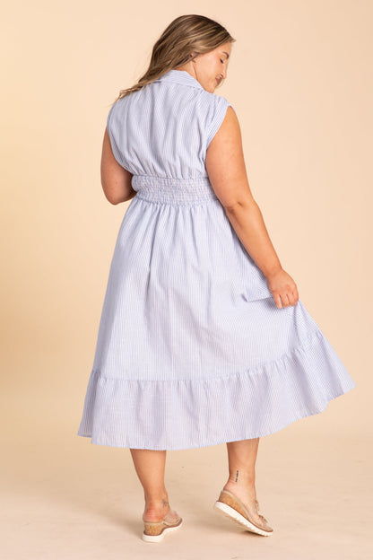 Baby Blue Stripe Midi Dress With Zipper