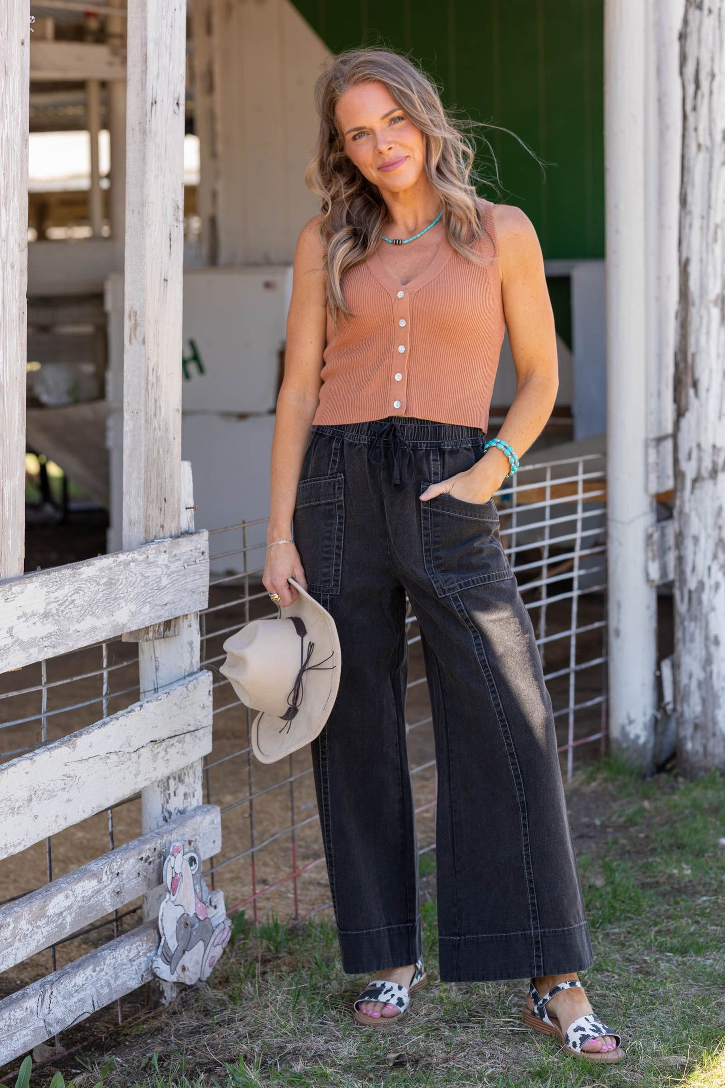 Black Mineral Wash Wide Leg Twill Pants- 100% Cotton