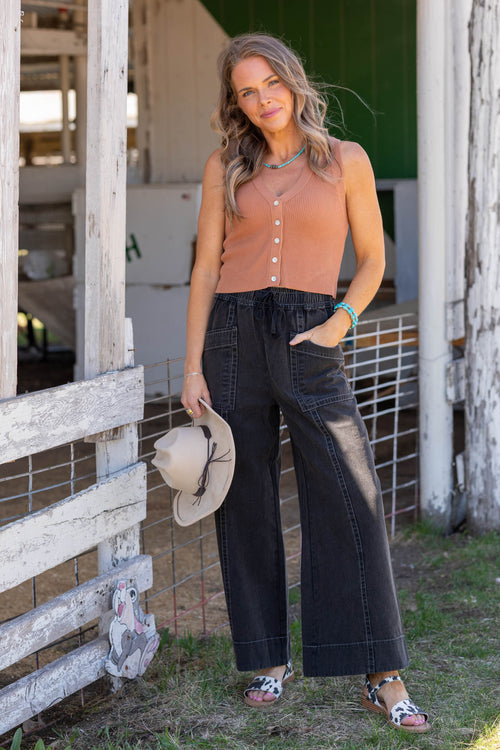 Black Mineral Wash Wide Leg Twill Pants- 100% Cotton