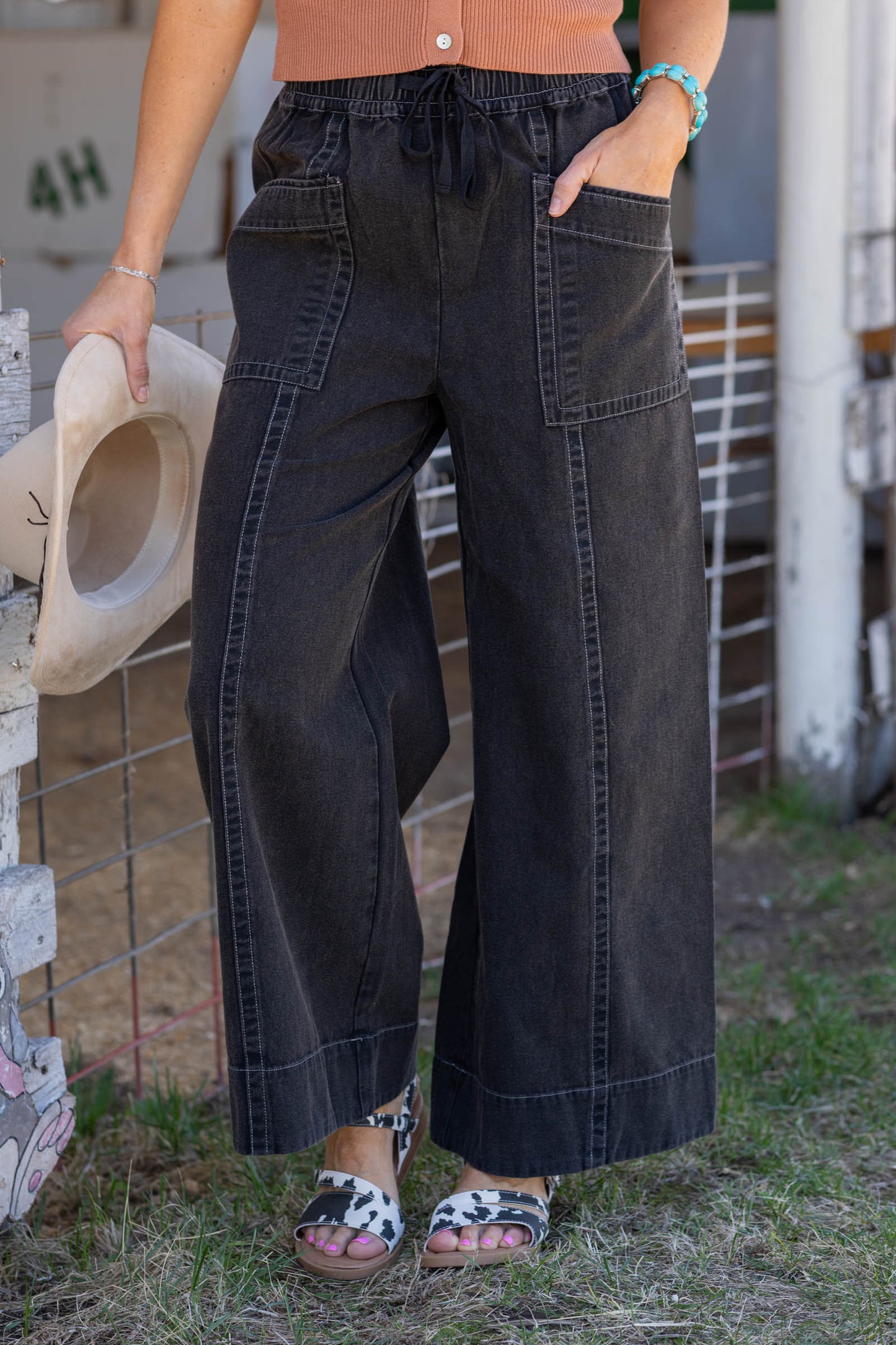 Black Mineral Wash Wide Leg Twill Pants- 100% Cotton