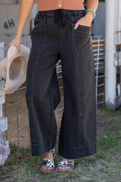 Black Mineral Wash Wide Leg Twill Pants- 100% Cotton