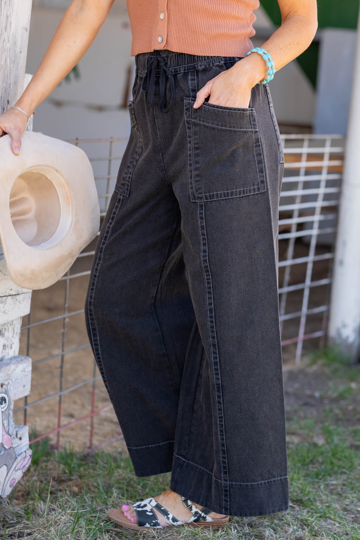 Black Mineral Wash Wide Leg Twill Pants- 100% Cotton