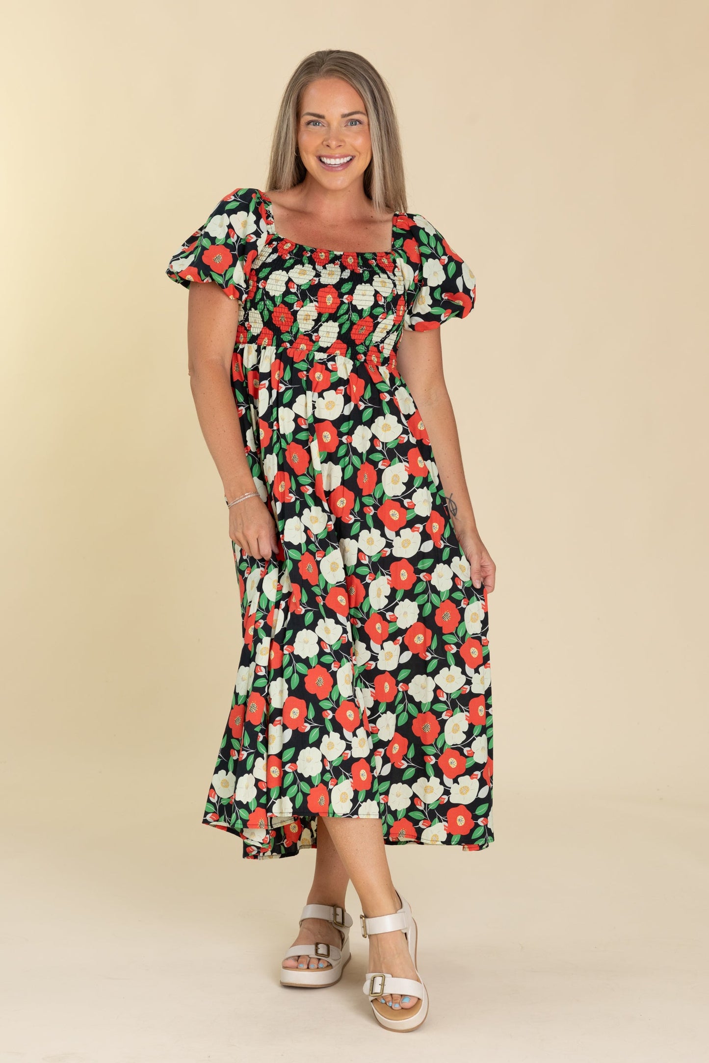 Black Floral Puff Short Sleeves Midi Dress