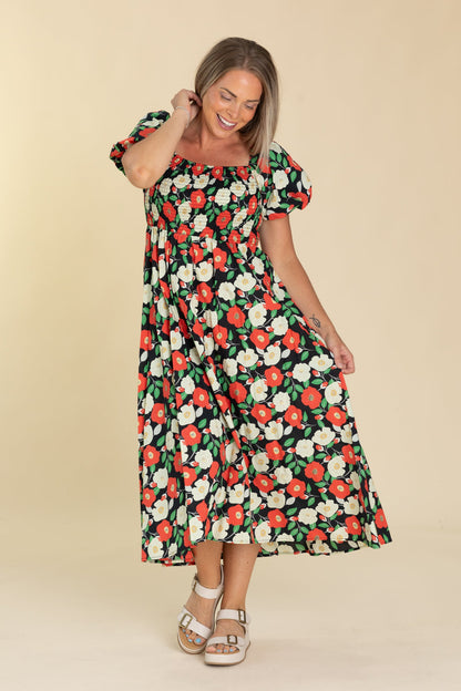 Black Floral Puff Short Sleeves Midi Dress