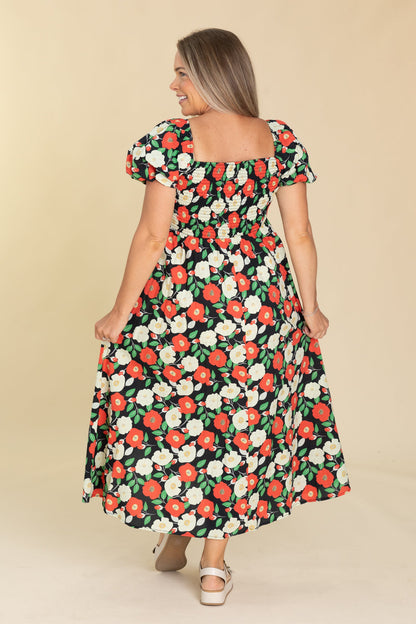 Black Floral Puff Short Sleeves Midi Dress