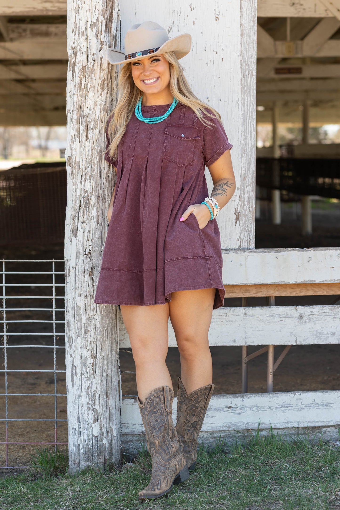 Berry Washed Pleated Side Pocket Dress