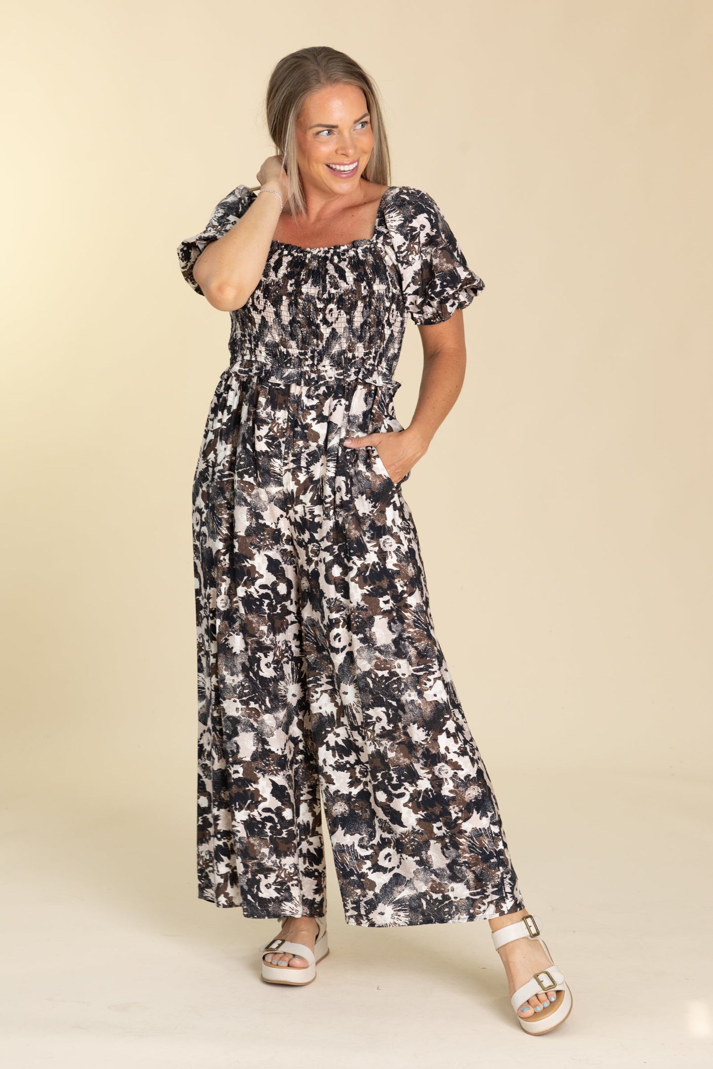 Black With Print Smocked Body Jumpsuit