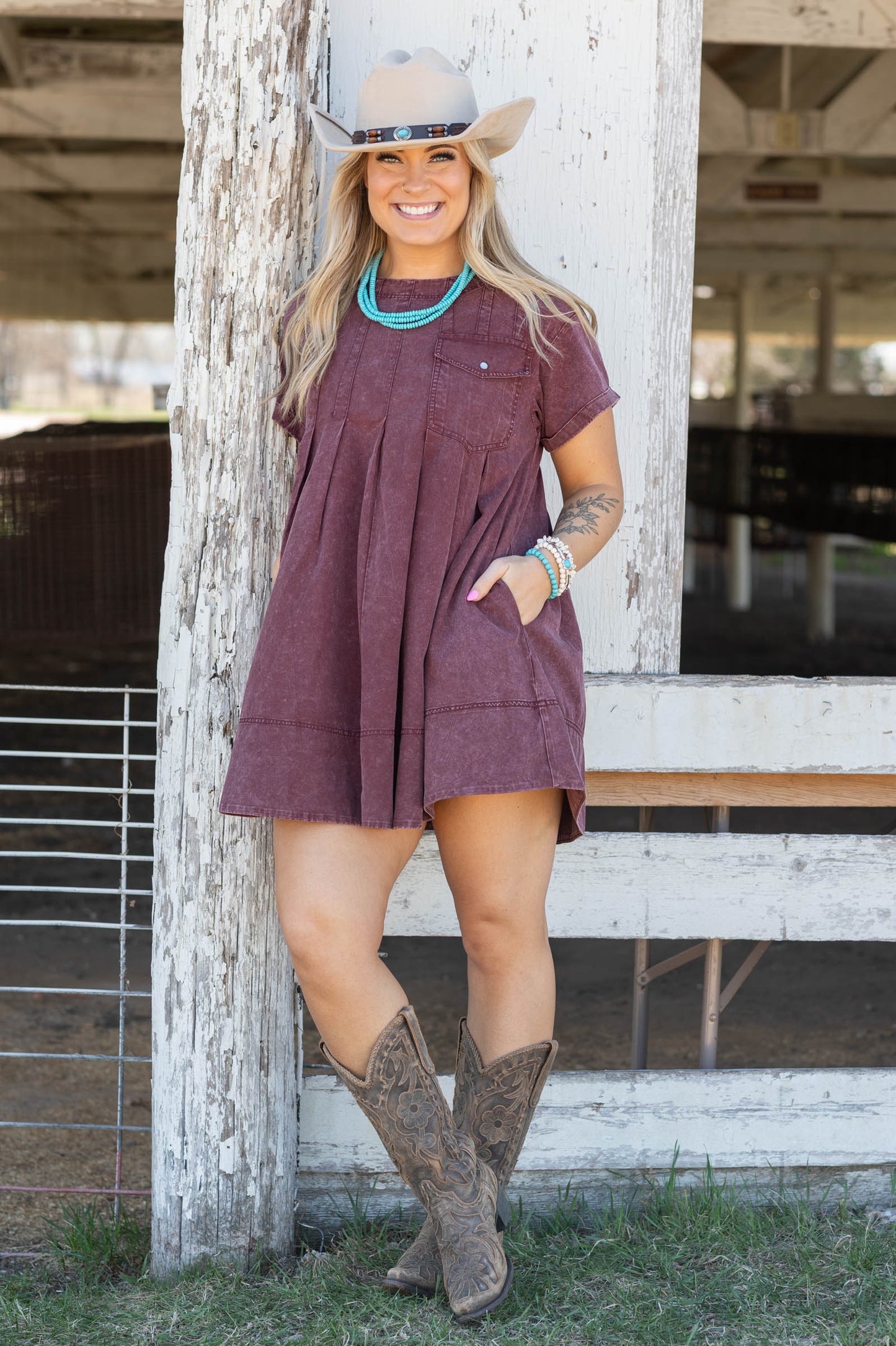 Berry Washed Pleated Side Pocket Dress