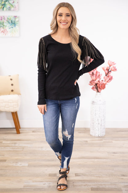 Black Studded Fringe Detail Long Sleeve Top