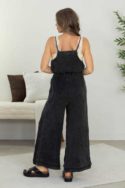 Black Washed Sleeveless Cotton Gauze Jumpsuit