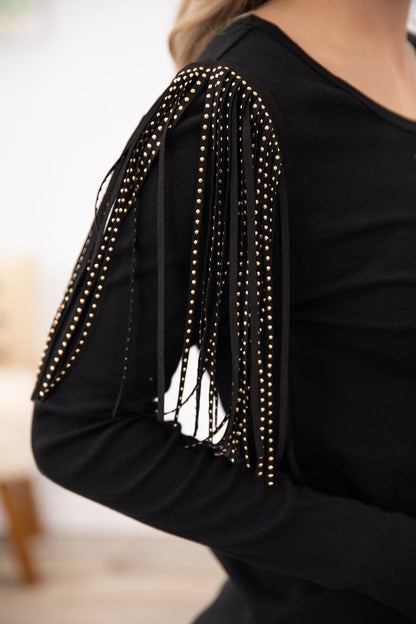 Black Studded Fringe Detail Long Sleeve Top