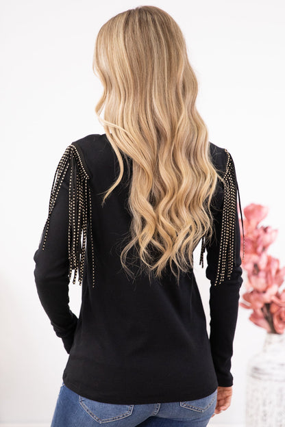 Black Studded Fringe Detail Long Sleeve Top