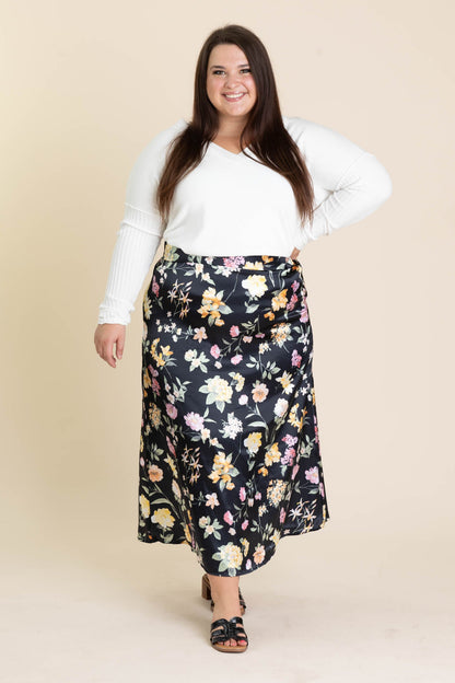 Black Floral Print Midi Elastic Waist Skirt