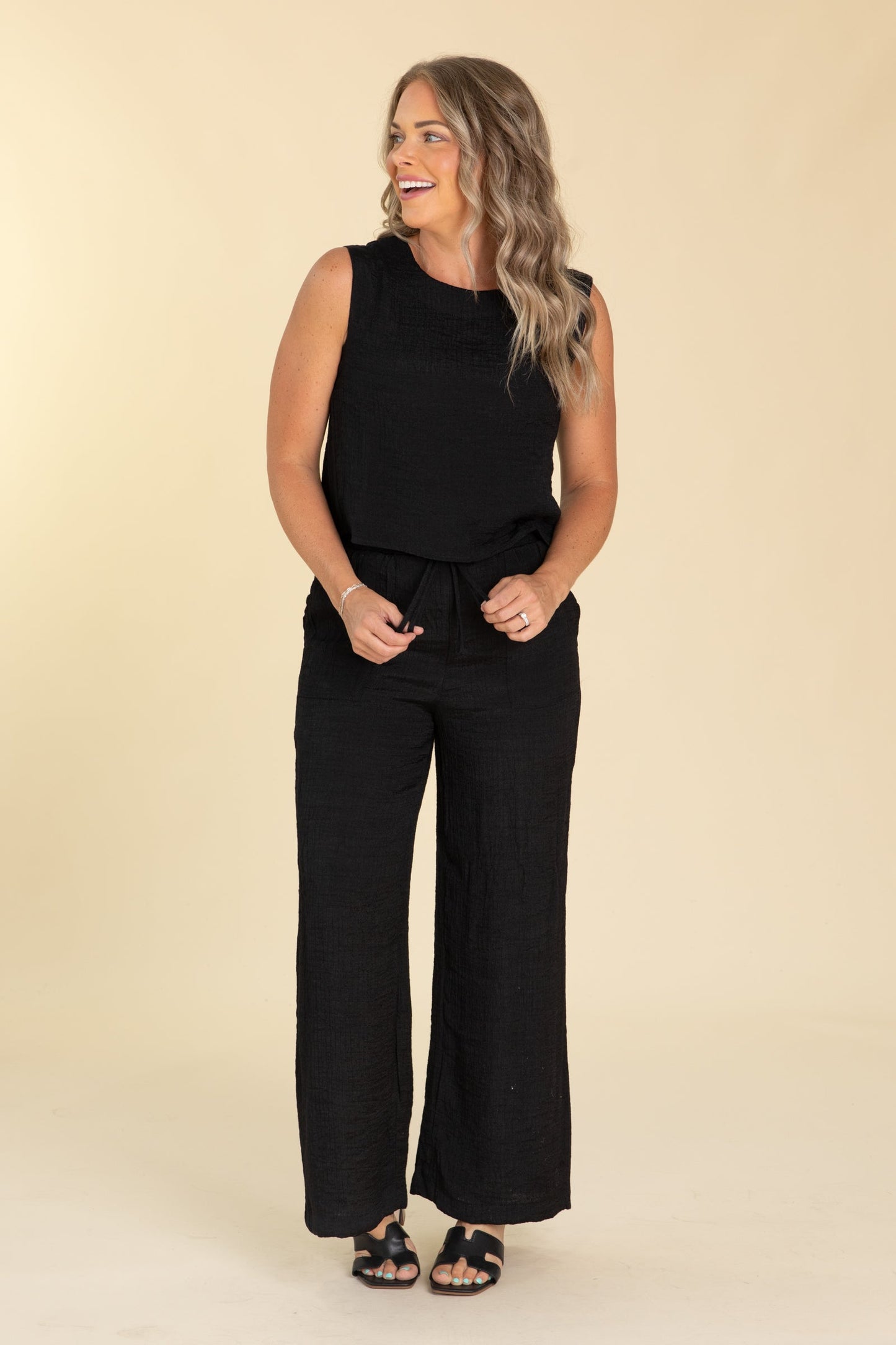 Black Back Button Slip Hem Woven Tank Top