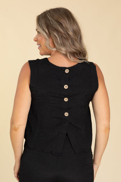 Black Back Button Slip Hem Woven Tank Top