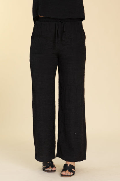 Black Crinkle Drawstring Wide Leg Pants