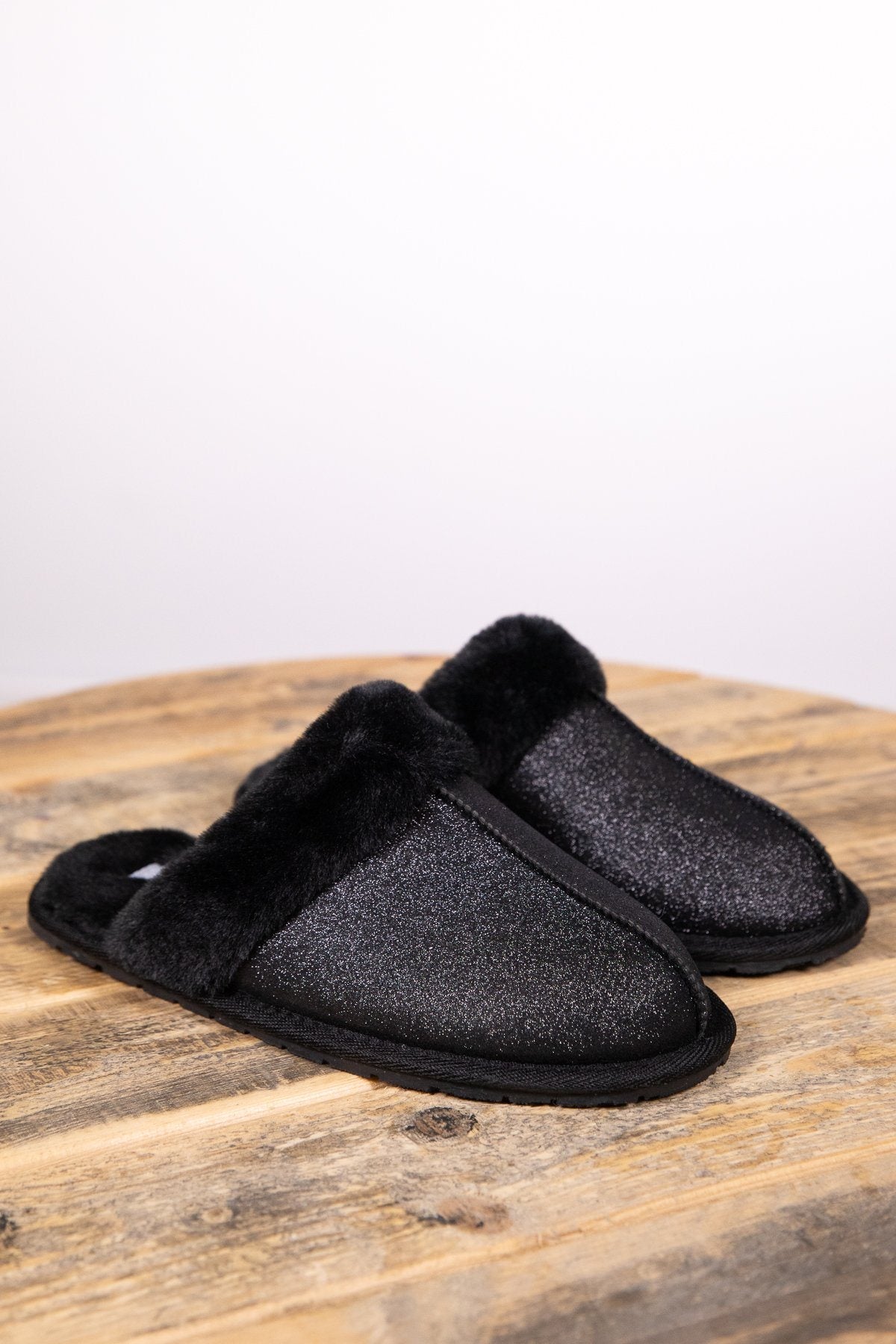 Black Shimmer Faux Fur Trim Slippers