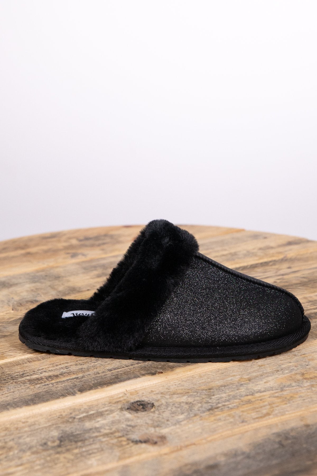 Black Shimmer Faux Fur Trim Slippers