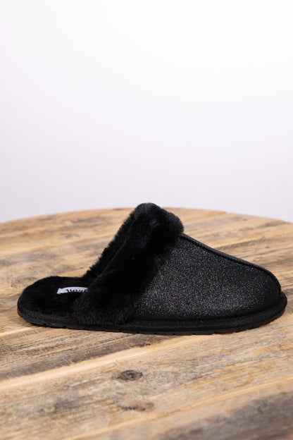 Black Shimmer Faux Fur Trim Slippers