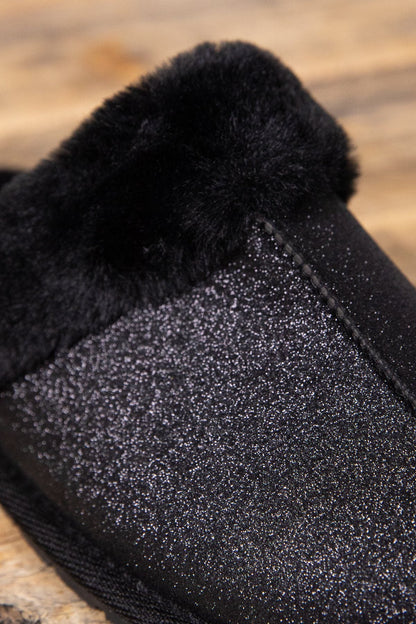 Black Shimmer Faux Fur Trim Slippers