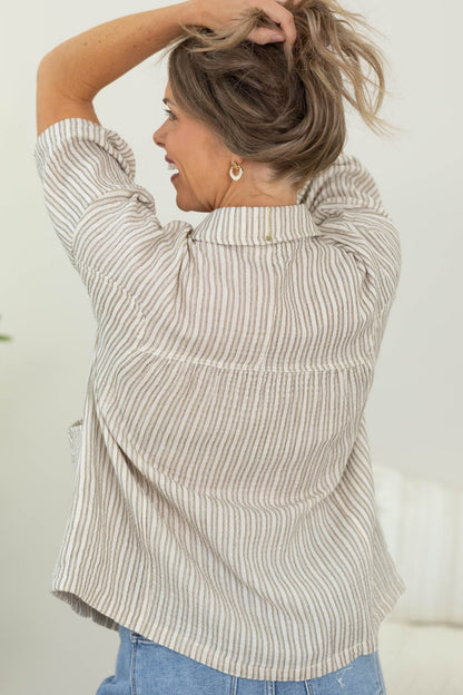 Beige and Mocha Pinstripe Button Down Short Sleeve Top
