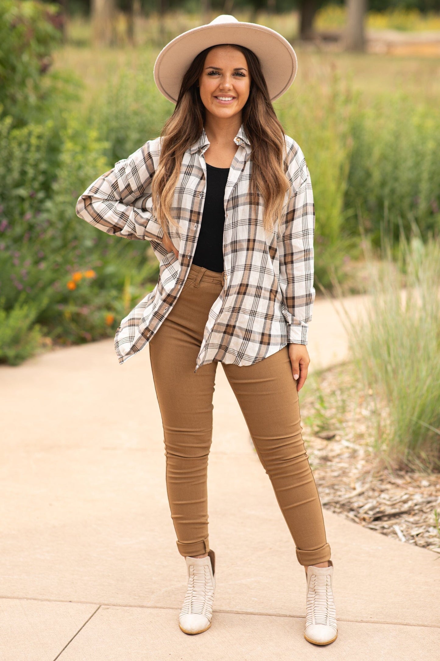 Beige and Brown Plaid Button Up Top