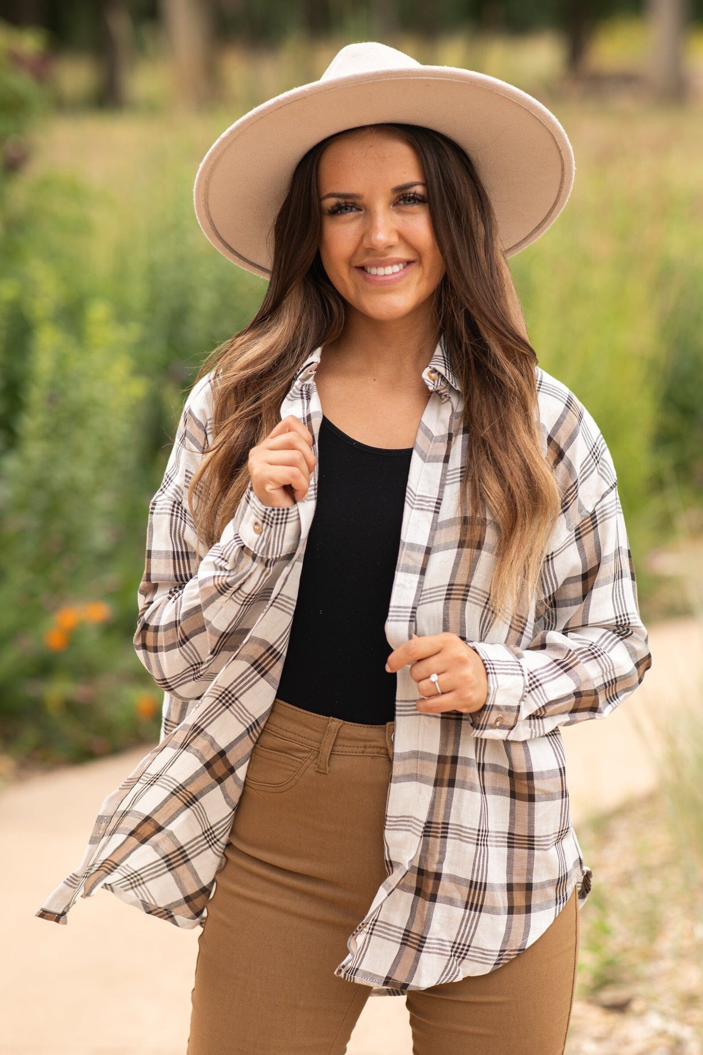 Beige and Brown Plaid Button Up Top