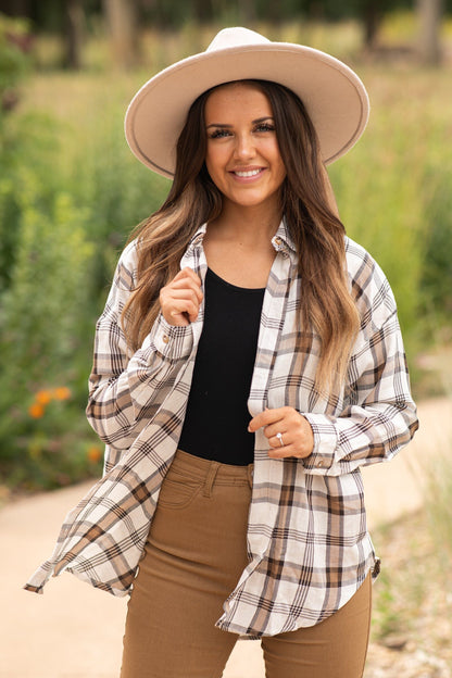 Beige and Brown Plaid Button Up Top