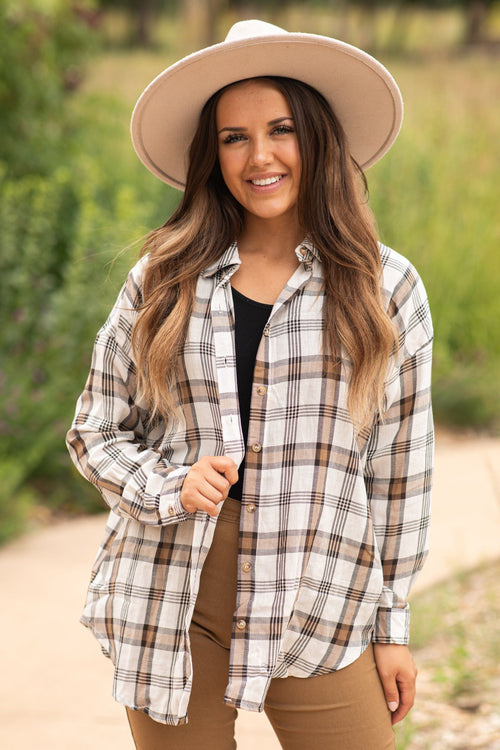 Beige and Brown Plaid Button Up Top