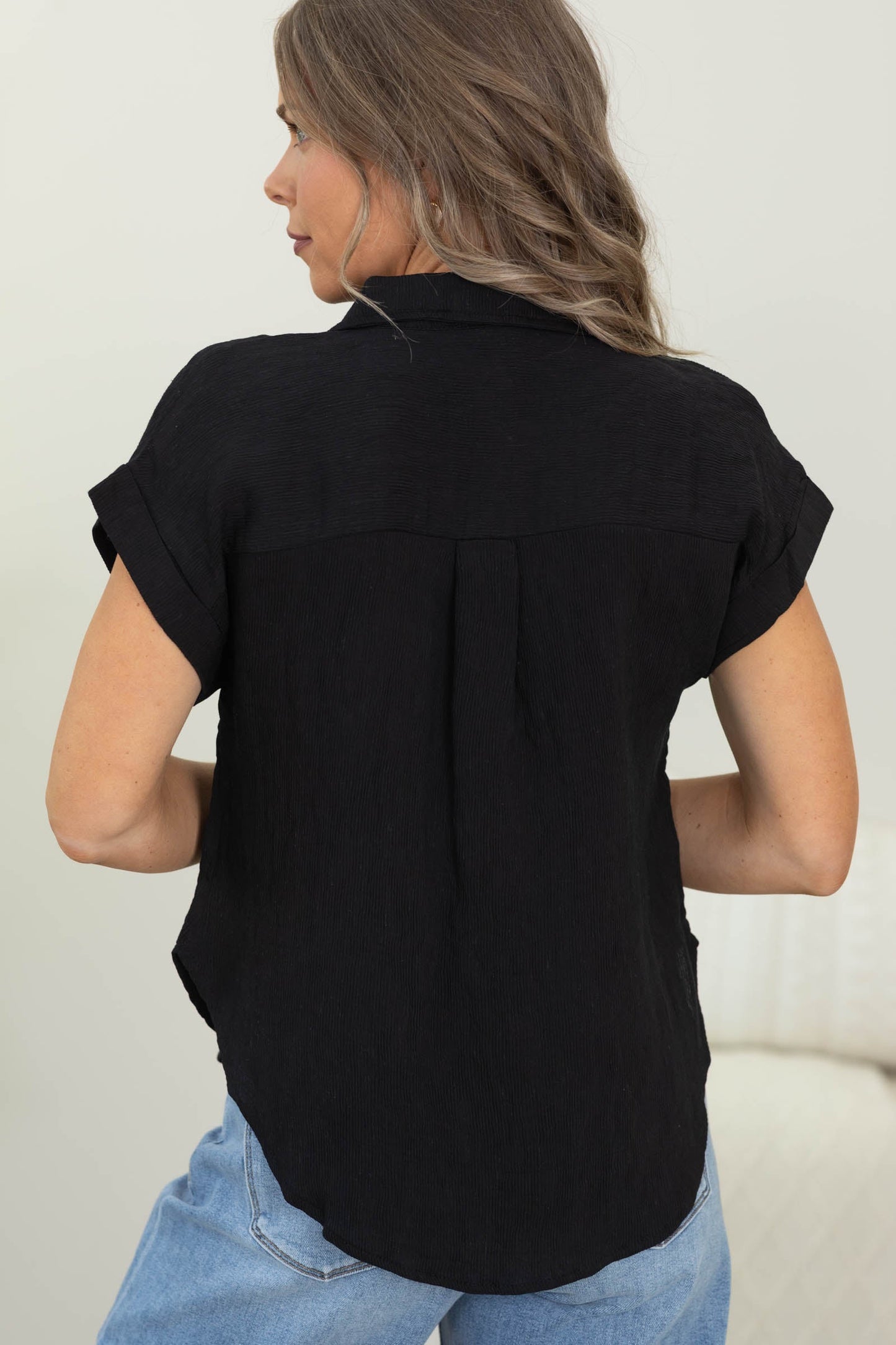 Black Half Button Short Sleeve Linen Blend Top