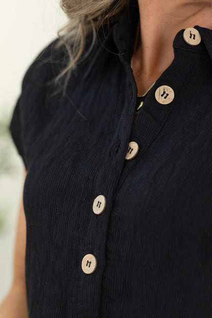 Black Half Button Short Sleeve Linen Blend Top