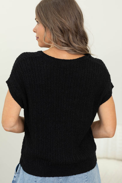 Black Short Sleeve Button Down Knit Sweater Top