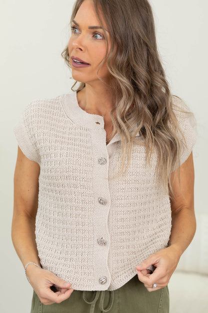 Beige Button Hardware Detail Short Sleeve Knit Cardigan