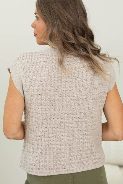 Beige Button Hardware Detail Short Sleeve Knit Cardigan