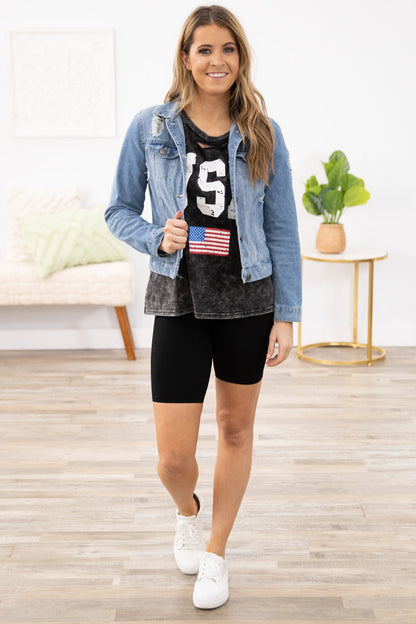 Black Washed USA Graphic Tee with Cutout