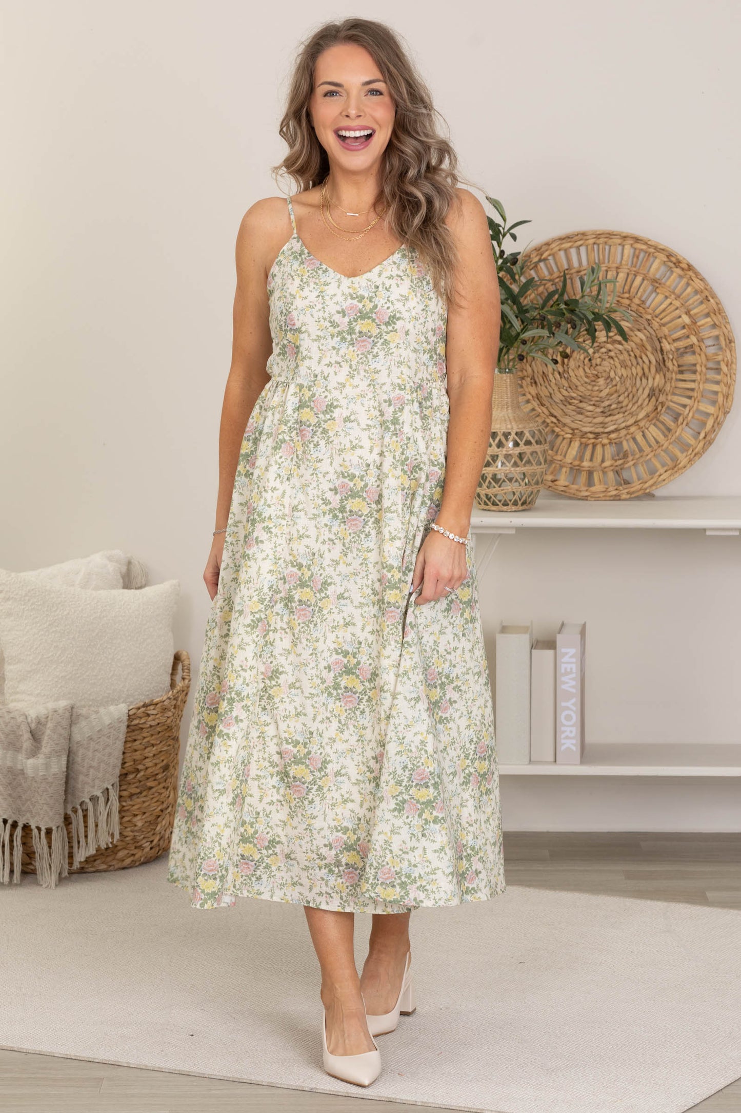 Beige Floral Cami Woven Midi Dress