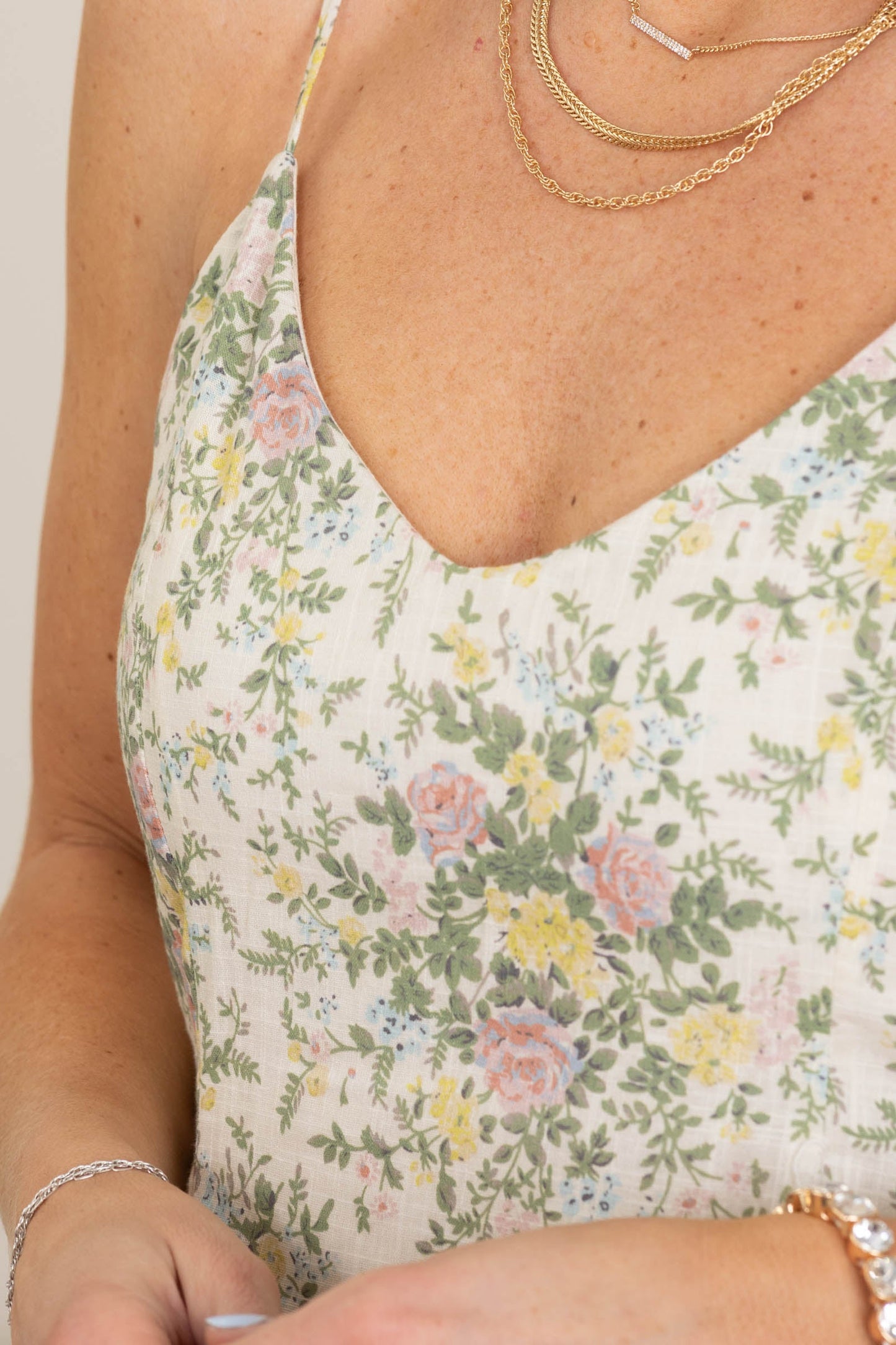 Beige Floral Cami Woven Midi Dress