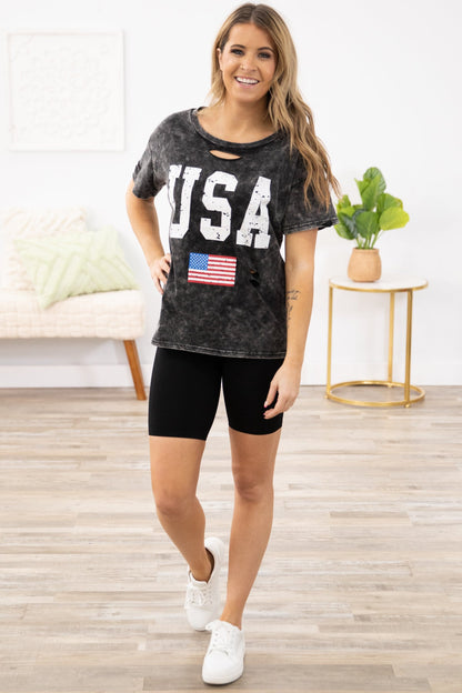 Black Washed USA Graphic Tee with Cutout
