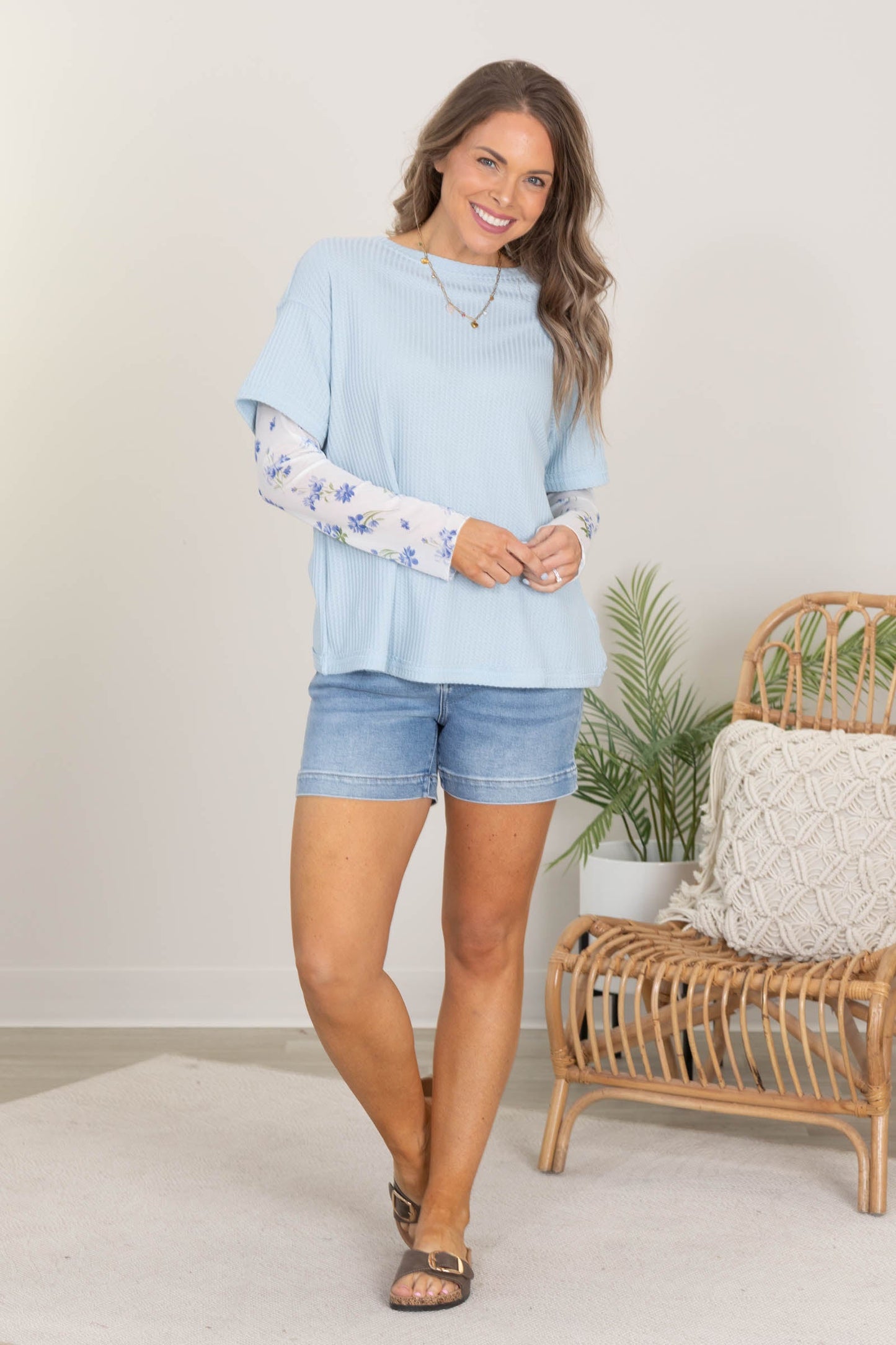 Baby Blue Waffle Knit Top With Floral Sleeves