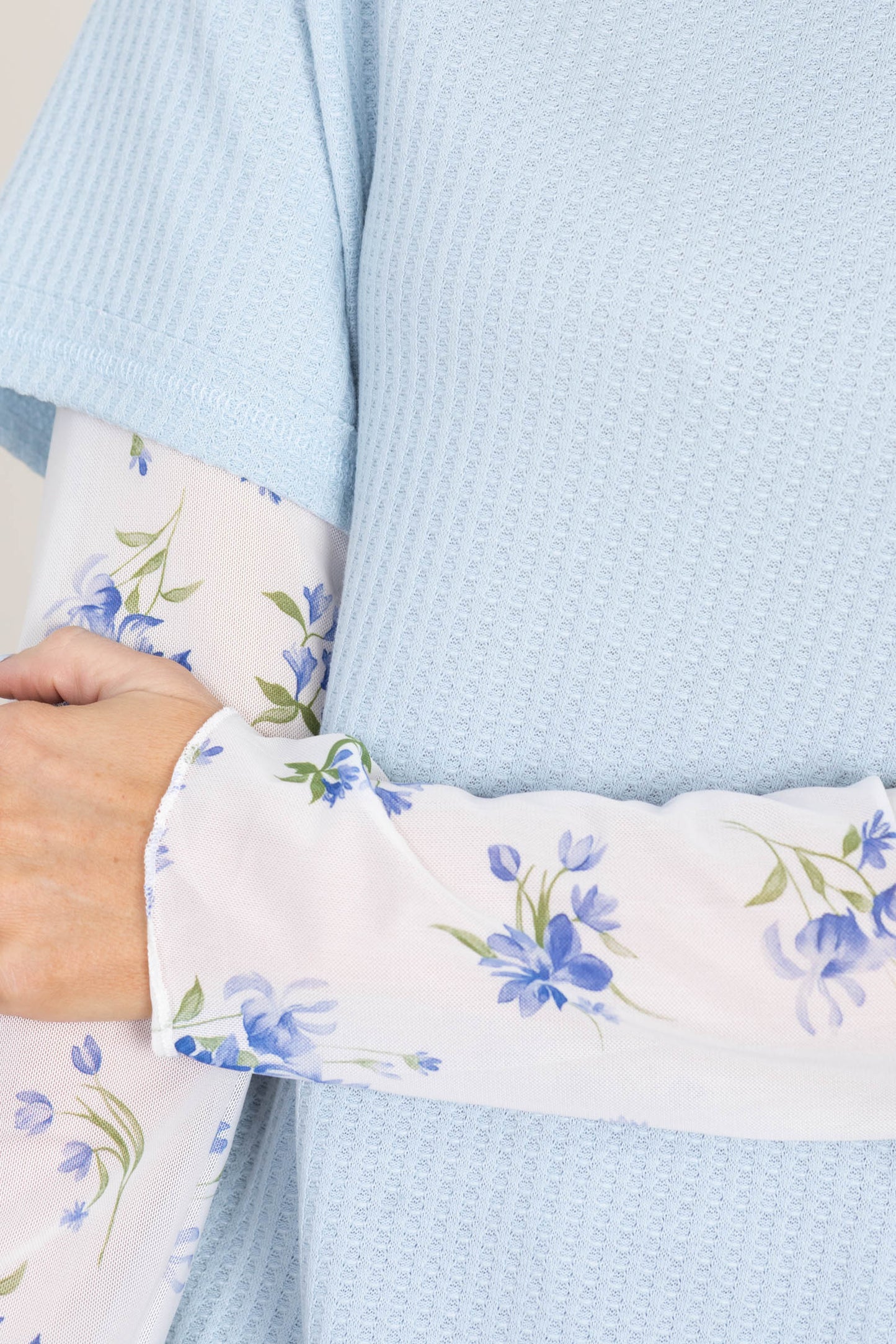 Baby Blue Waffle Knit Top With Floral Sleeves