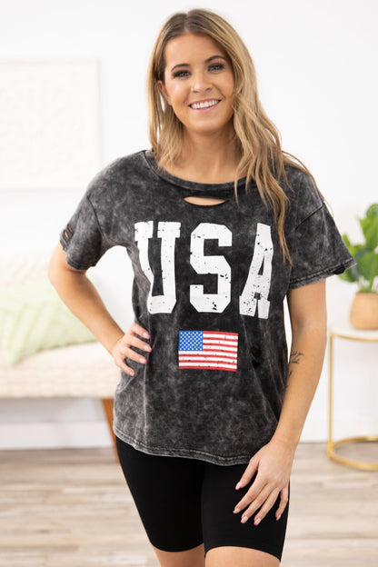 Black Washed USA Graphic Tee with Cutout