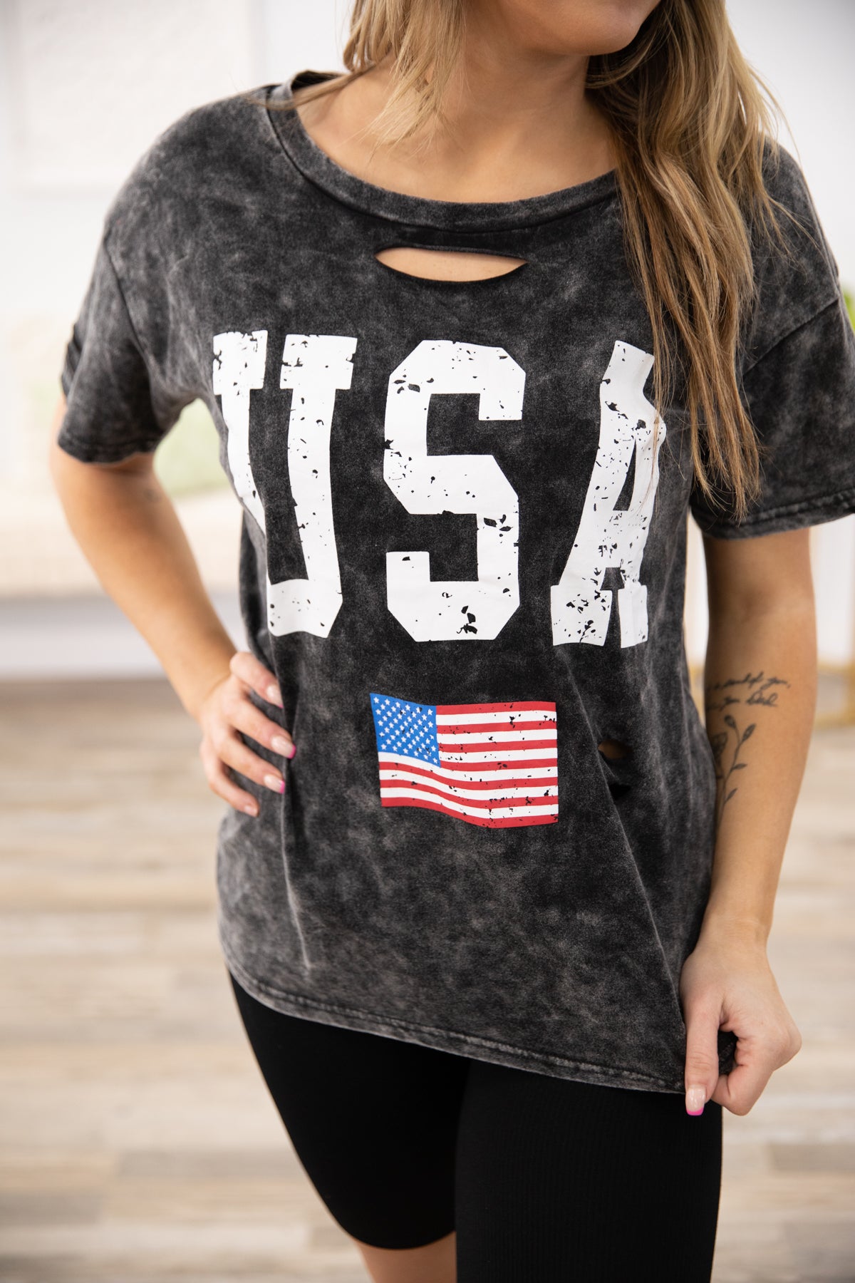 Black Washed USA Graphic Tee with Cutout