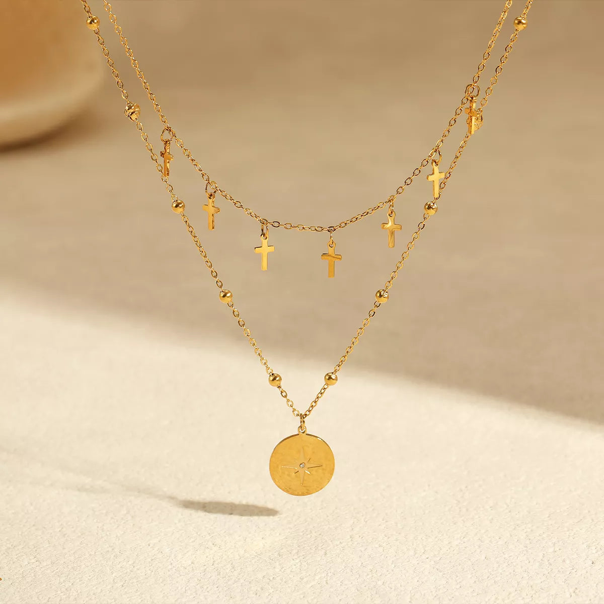 18K Gold-Plated Cross Double Layered Pendant Necklace