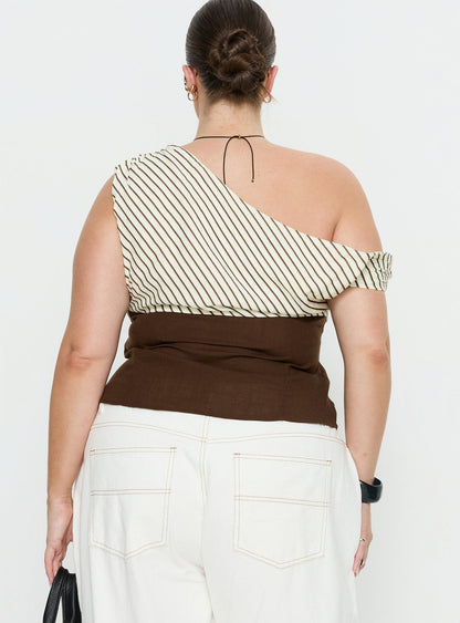 Past Life One Shoulder Top Brown / Stripe Curve