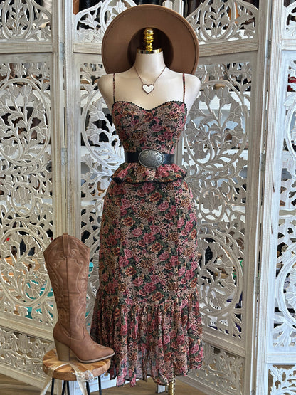 Cami Floral Rustic Midi Dress- Not Stretchy, No Estira