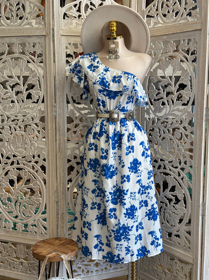 One Sleeve Ruffle Blue Floral Midi Dress-Estira, Stretchy