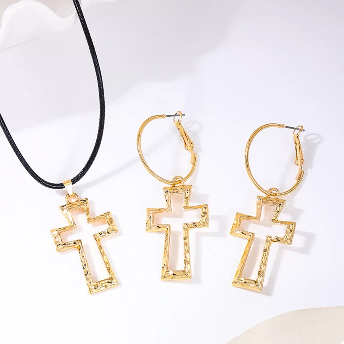 Cross Pendant Necklace & Hoop Earrings Jewelry Set