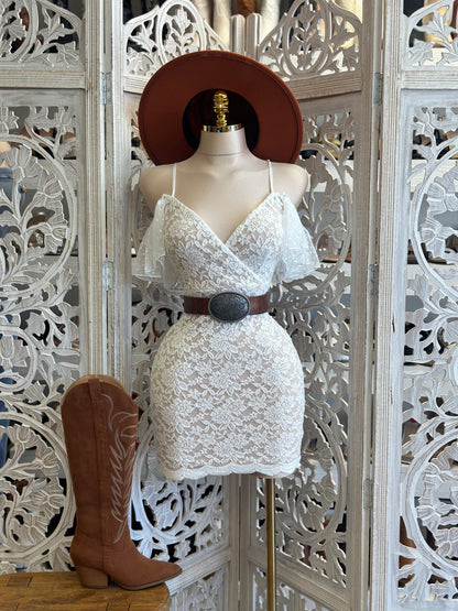 Cross Front Lace Mini Dress- Stretchy, Estira