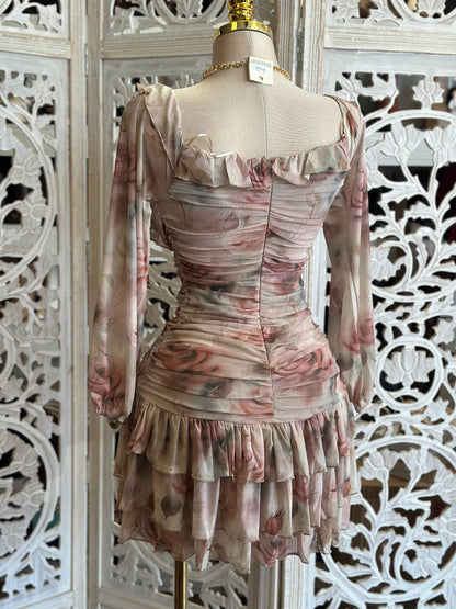 Brushed Floral Ruffled Mini Dress- Stretchy, Estira