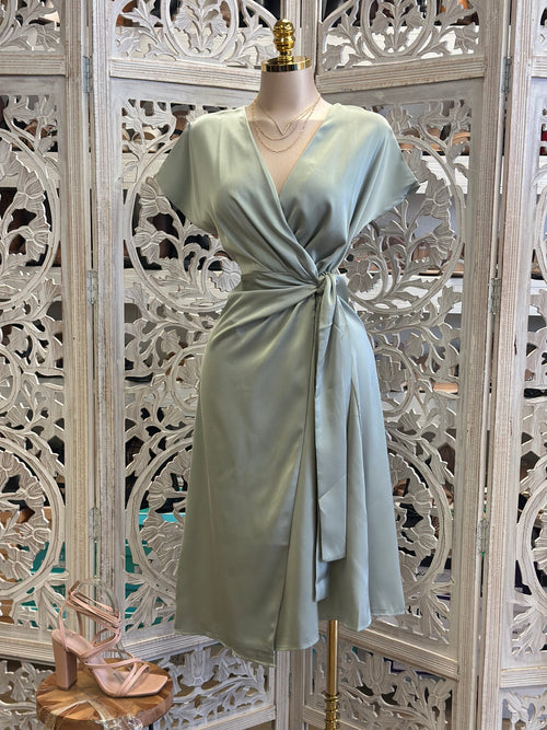 Satin Wrapped Midi Dress- Stretchy,Estira